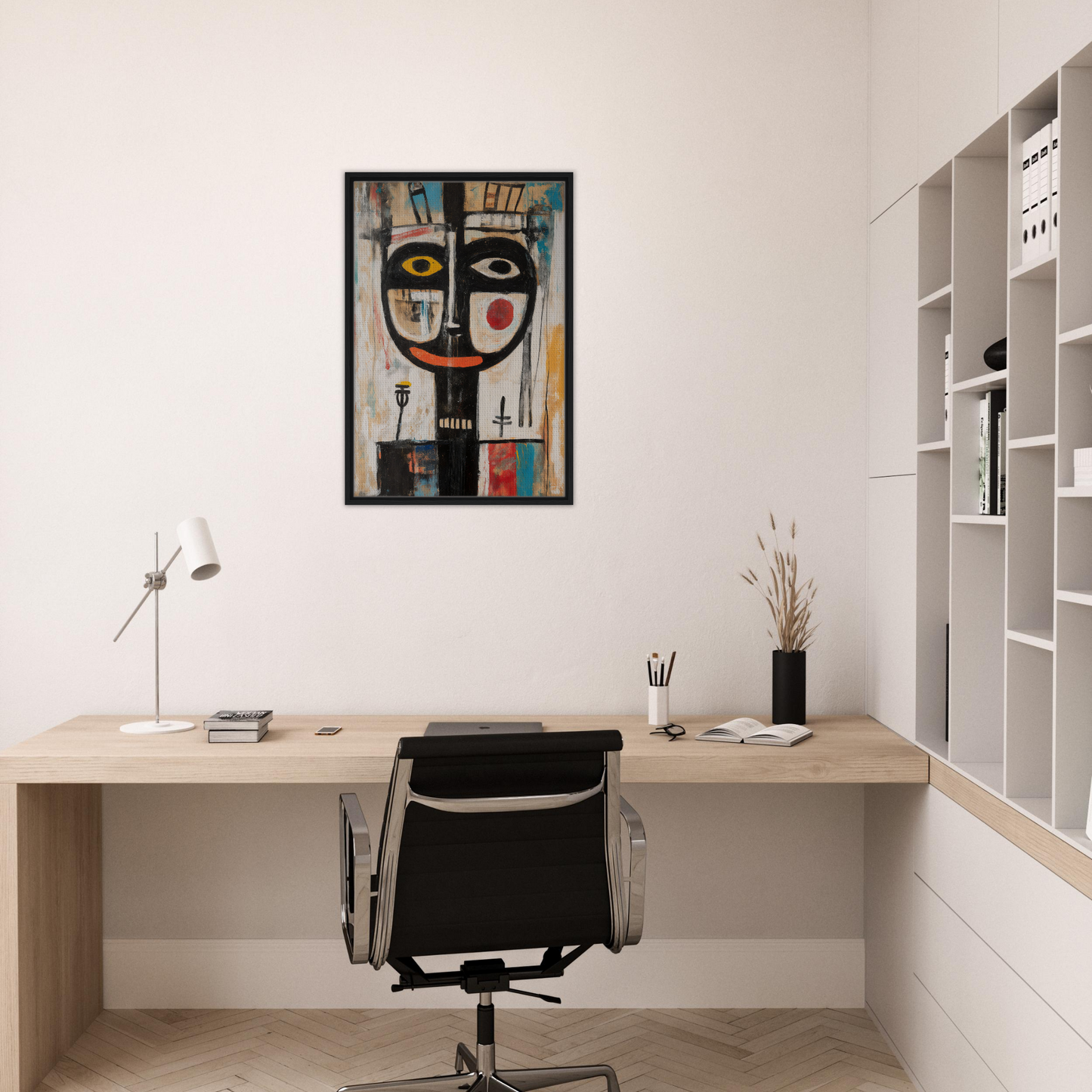 Abstract portrait painting with geometric features in a black frame, Din of Chromatic Souls