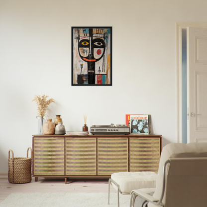 Wooden sideboard with cane-webbed doors enhancing room decor in Din of Chromatic Souls