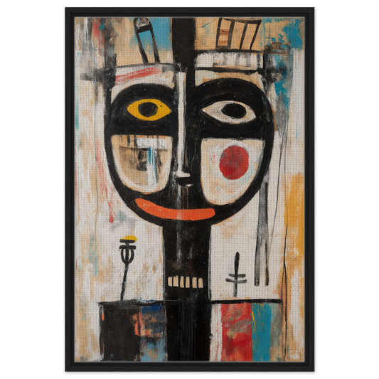 Abstract painting of a stylized face with mismatched eyes, ideal for Chromatic Souls room decor