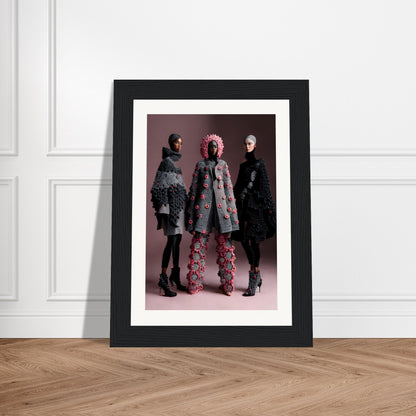 Framed photograph of three people wearing avant-garde fashion outfits.