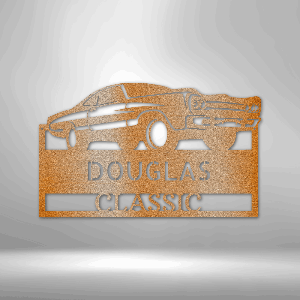 Metal cutout sign featuring a stylized car silhouette and the text ’DOUGLAS CLASSIC’ in a rusty orange color.