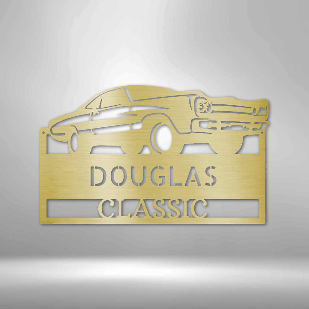 Metal sign featuring a classic car silhouette and the text ’DOUGLAS CLASSIC’.