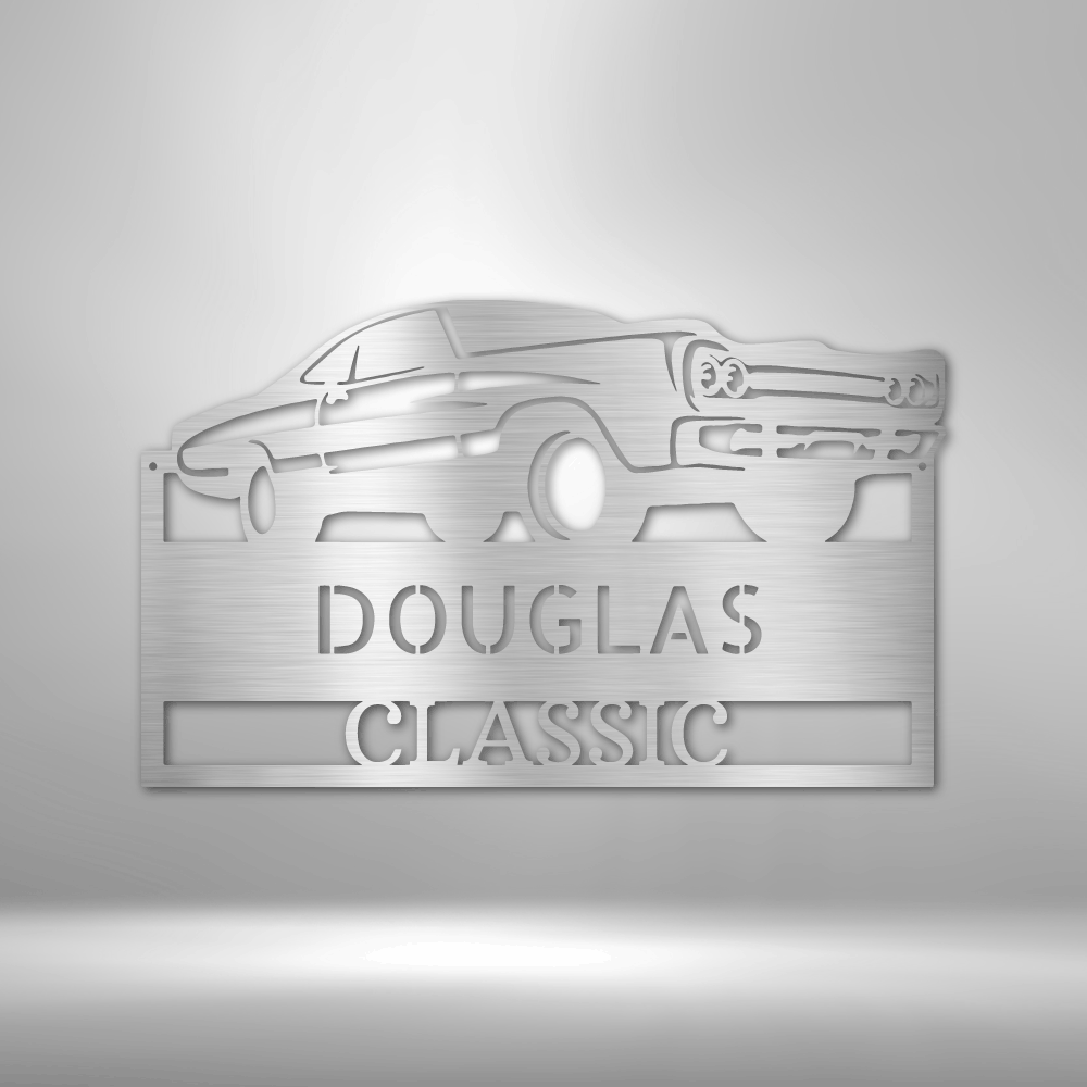 Embossed metal plaque featuring a classic car design and the text ’DOUGLAS CLASSIC’.