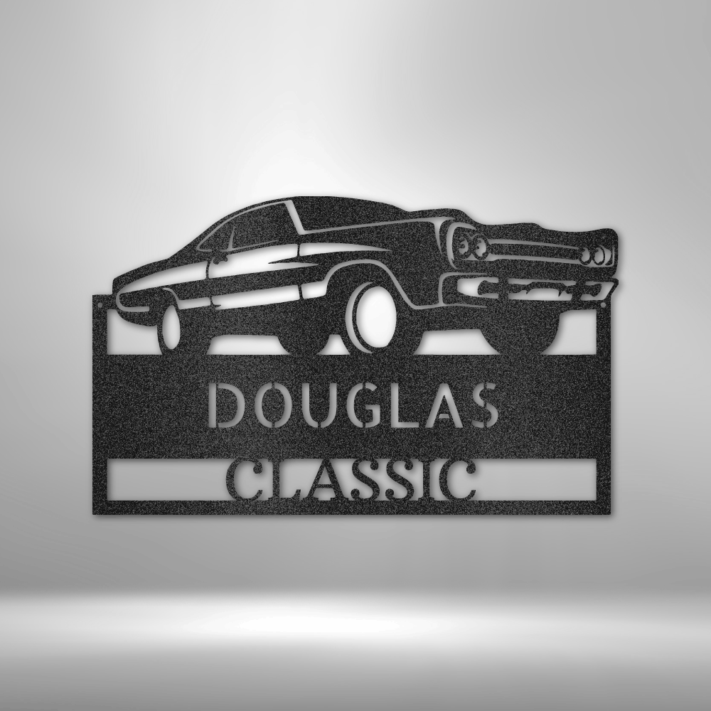 Metal wall art depicting a classic car silhouette with the text ’DOUGLAS CLASSIC’ underneath.