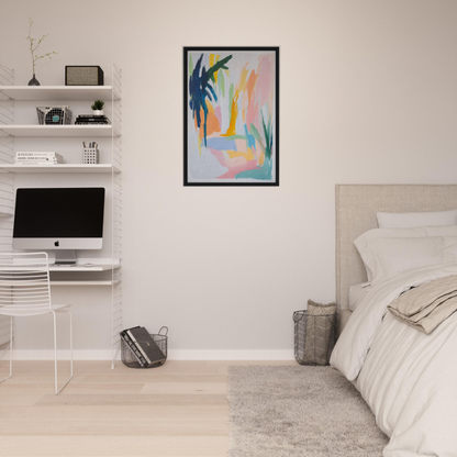 Colorful abstract painting with palm shapes in black frame for Dream Dances Midnight decor