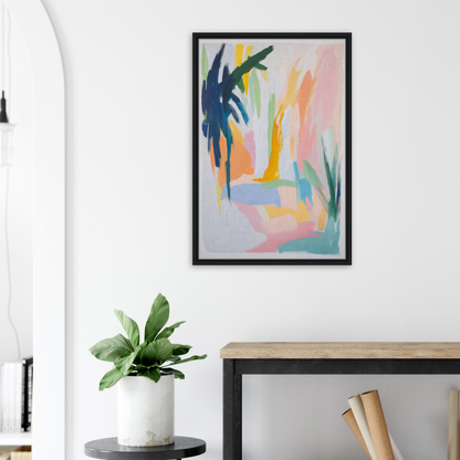 Abstract painting with pastel colors and bold brushstrokes in an exclusive framed canvas