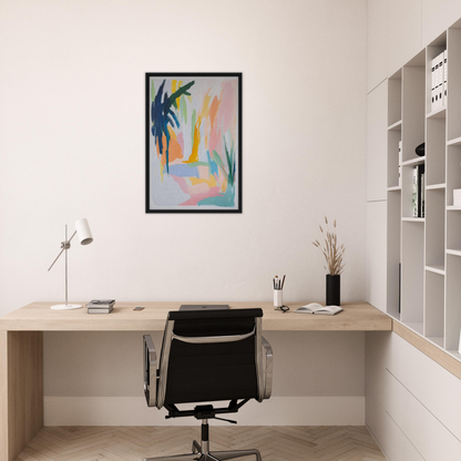 Minimalist home office featuring Dream Dances Midnight exclusive framed canvas artwork