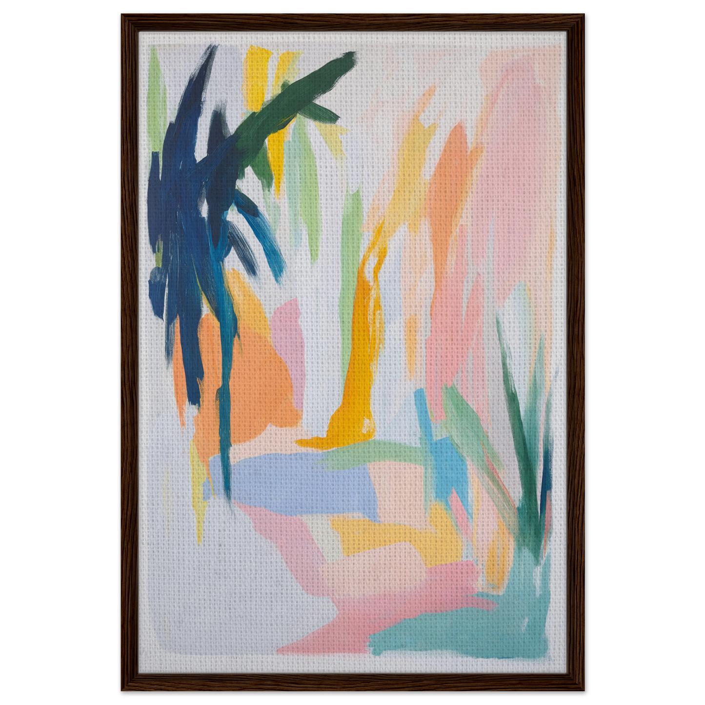 Abstract painting featuring colorful brushstrokes evoking tropical landscapes for Dream Dances Midnight exclusive framed canvas room decor