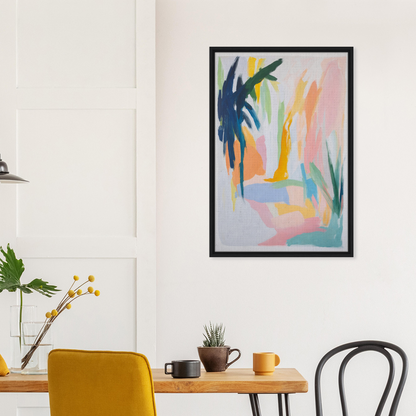 Abstract painting with colorful palm tree shapes in pastel hues, exclusive framed canvas