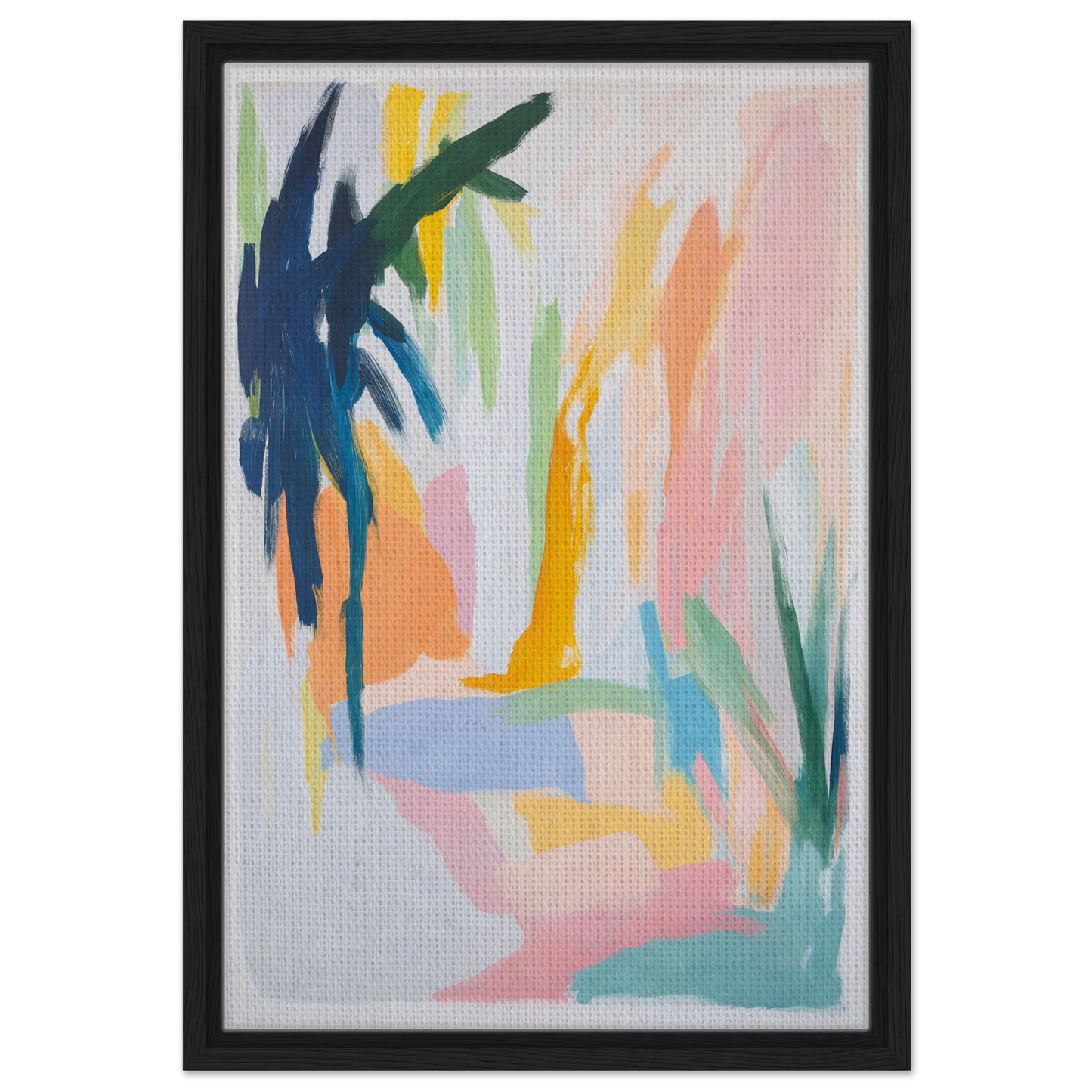 Abstract painting with vibrant brushstrokes resembling tropical foliage, Dream Dances Midnight framed canvas print