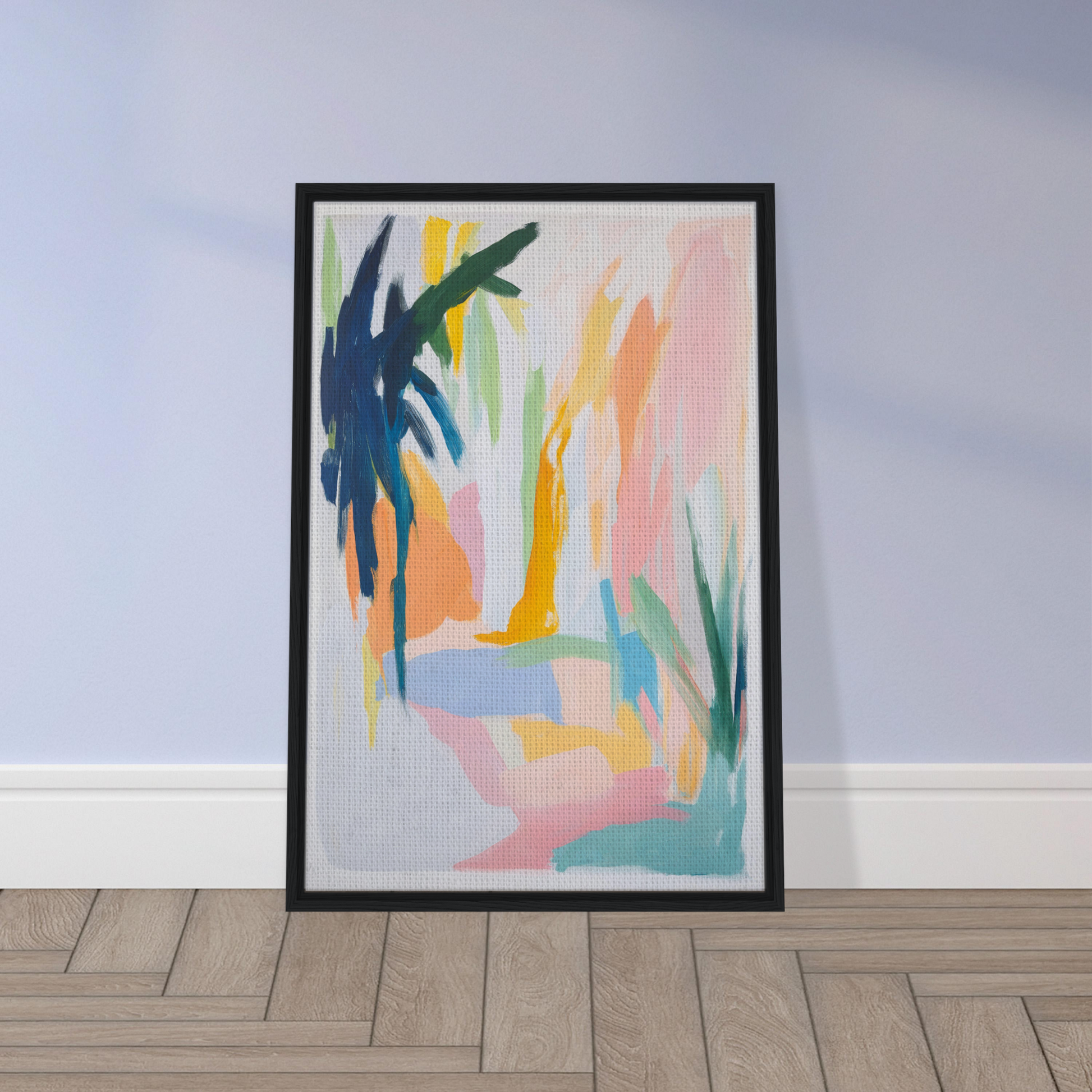 Framed canvas print Dream Dances Midnight features abstract tropical brushstrokes