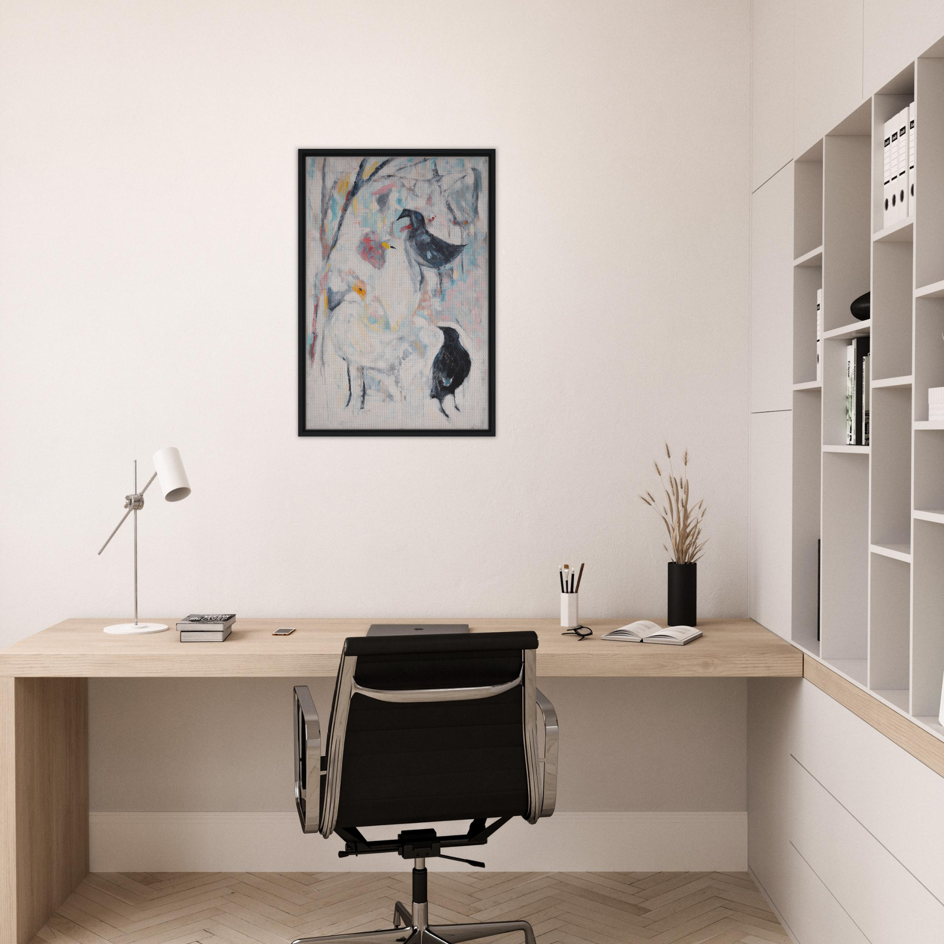 Minimalist home office featuring Dreamflight Abstractions artwork and stylish room decor