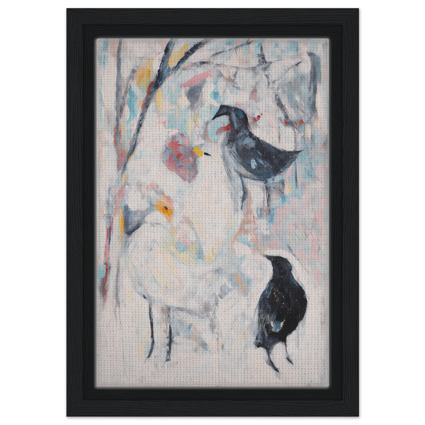 Abstract painting of dark birds with floral elements in Dreamflight Abstractions framed canvas print