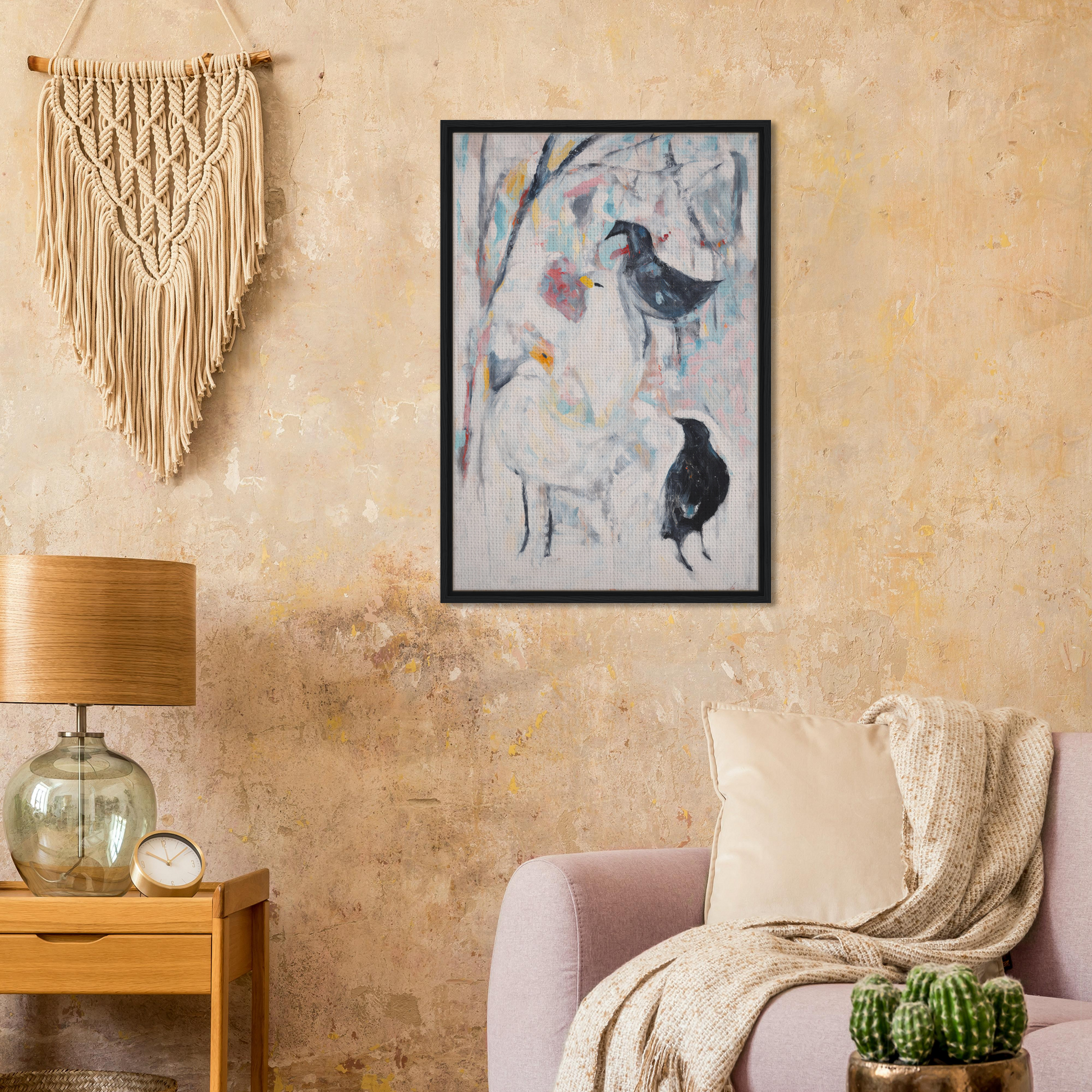 Framed canvas print of Dreamflight Abstractions featuring birds in muted colors