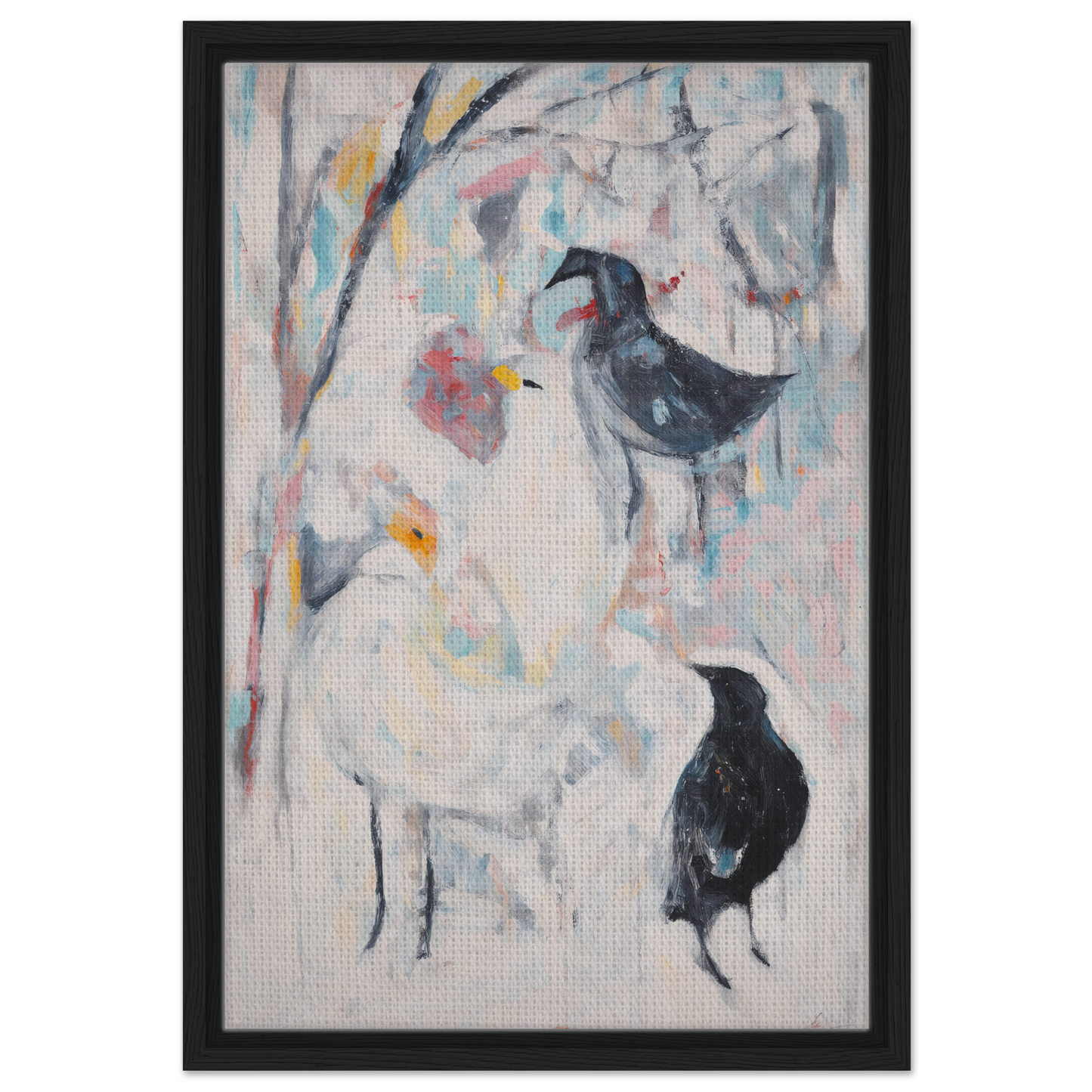 Abstract painting of birds in soft colors, featured in Dreamflight Abstractions room decor