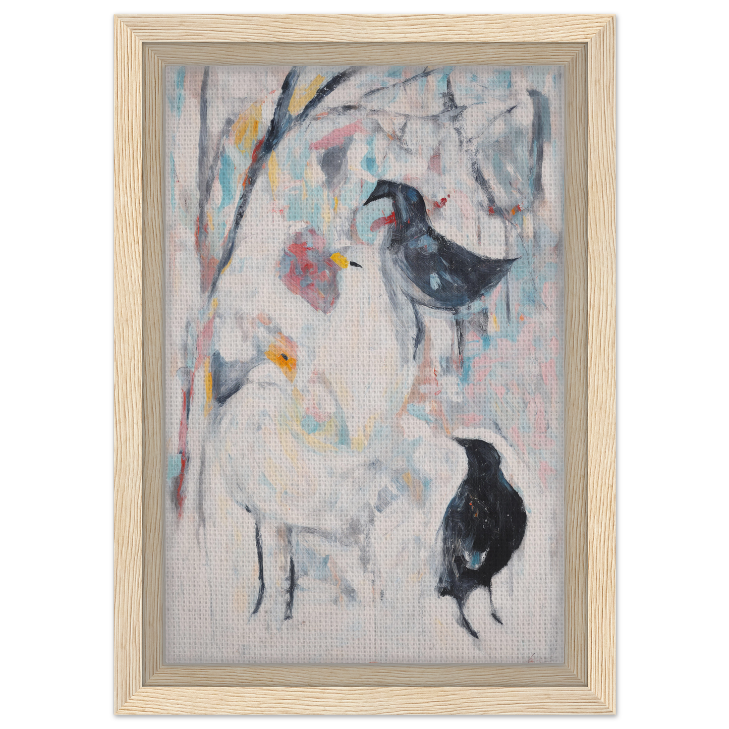 Framed abstract painting of black birds and flowers in Dreamflight Abstractions room decor