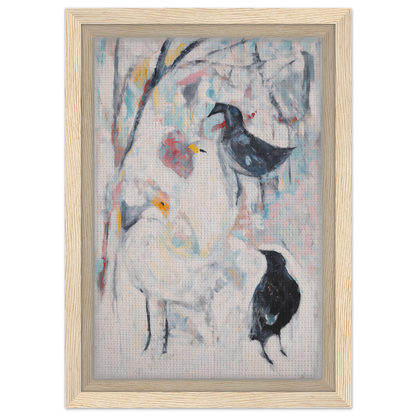 Framed abstract painting of black birds and flowers in Dreamflight Abstractions room decor