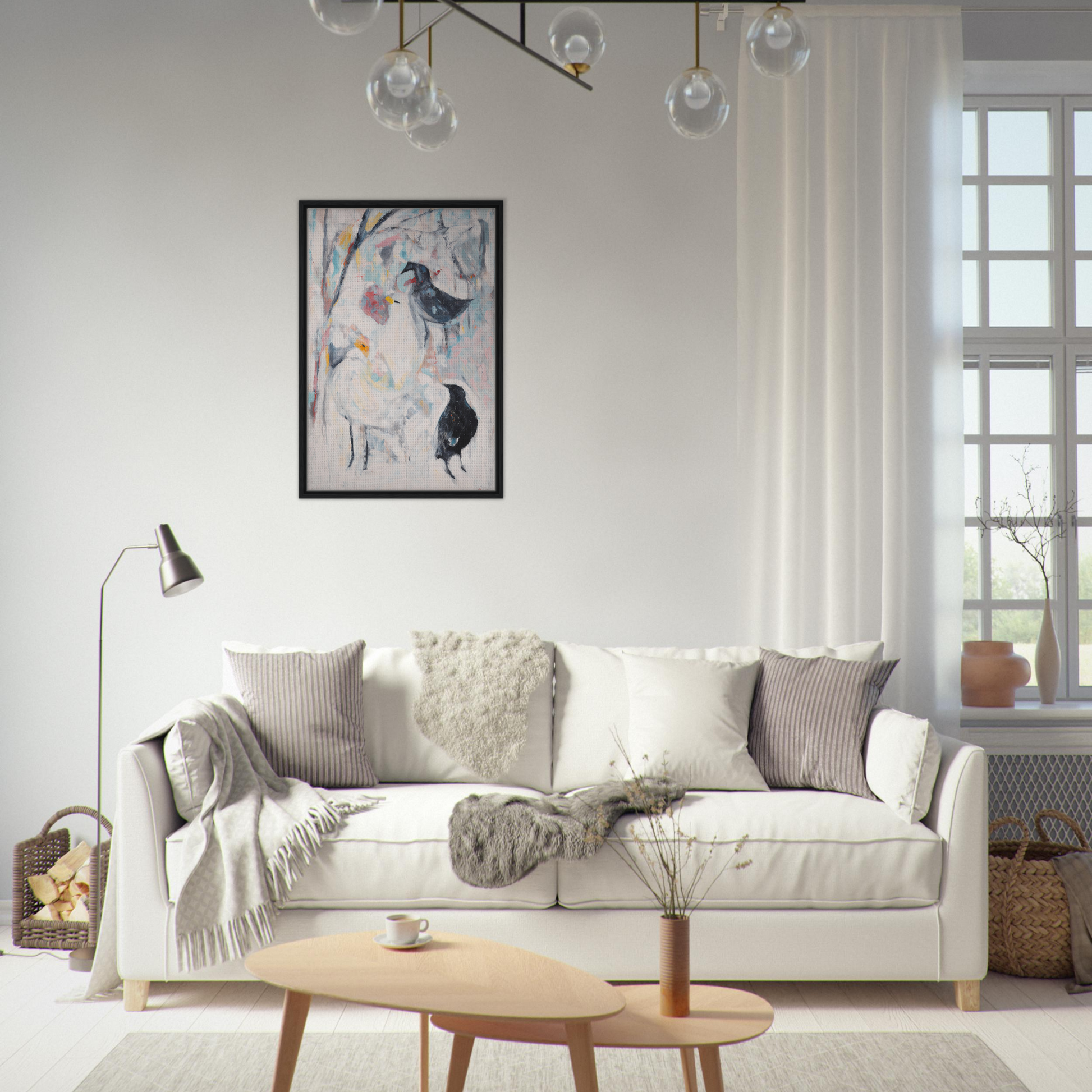 Elegant white sofa with throw pillows and blankets from Dreamflight Abstractions for room decor