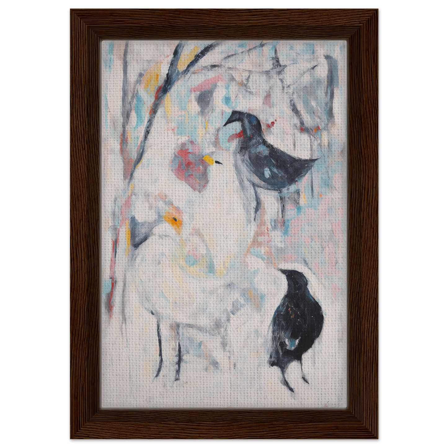 Abstract painting of dark birds and floral elements in muted tones for Dreamflight Abstractions