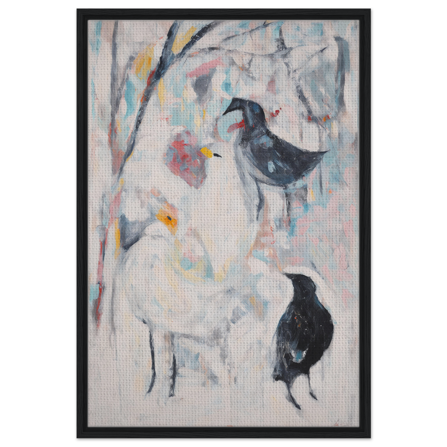 Abstract painting of birds and flowers in muted colors for Dreamflight Abstractions room decor