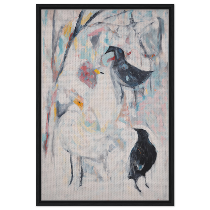 Abstract painting of birds and flowers in muted colors for Dreamflight Abstractions room decor