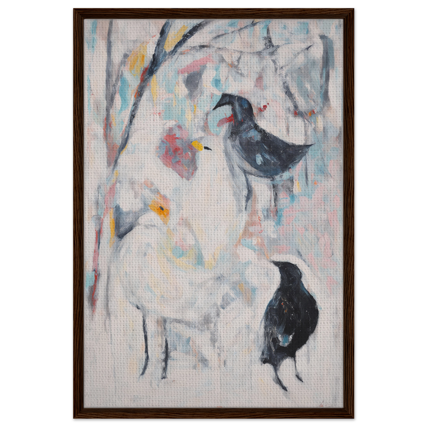 Abstract painting of stylized birds and vibrant shapes in Dreamflight Abstractions framed canvas print