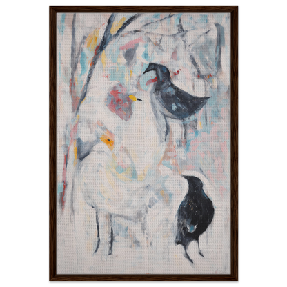 Abstract painting of stylized birds and vibrant shapes in Dreamflight Abstractions framed canvas print