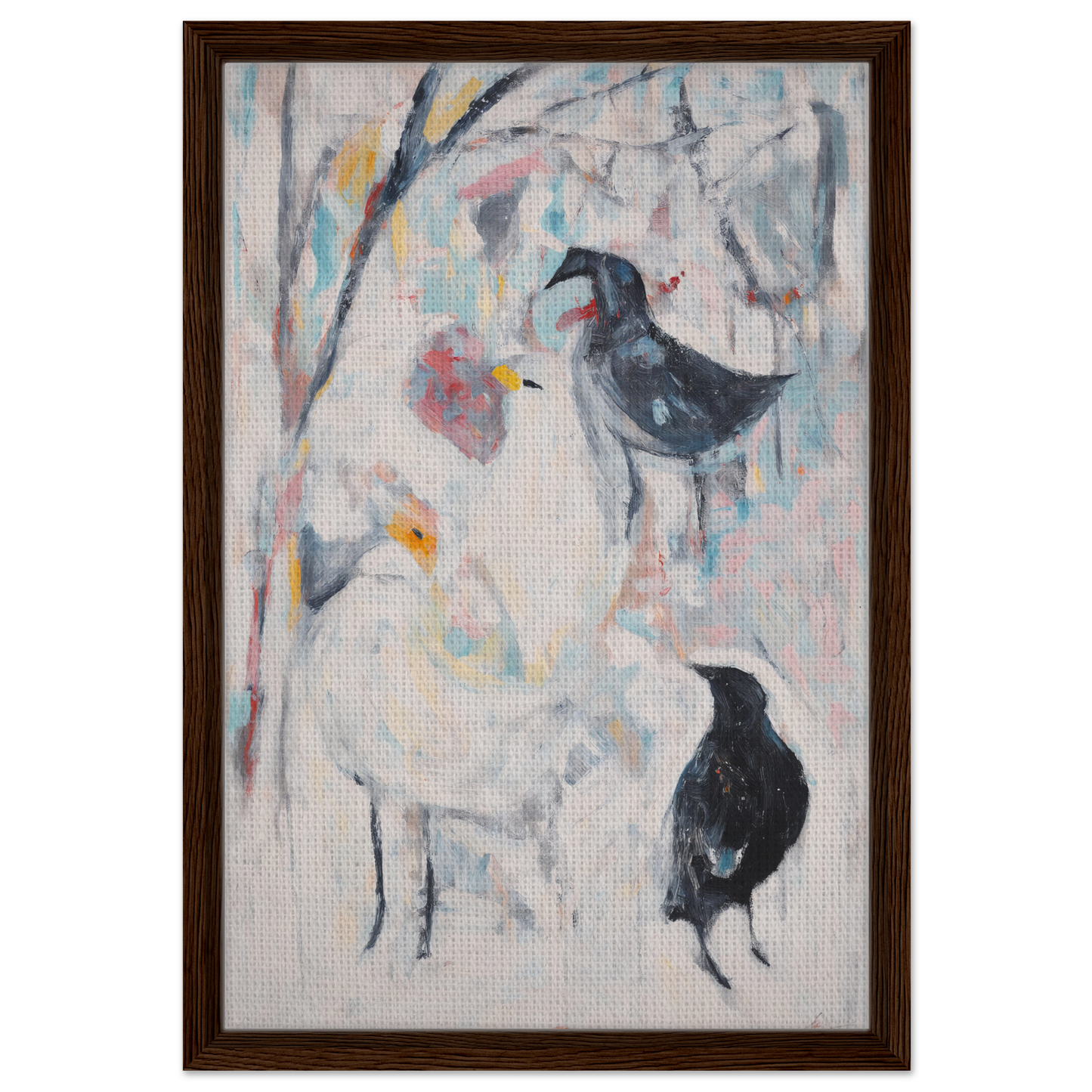 Abstract painting of birds in muted colors for Dreamflight Abstractions room decor