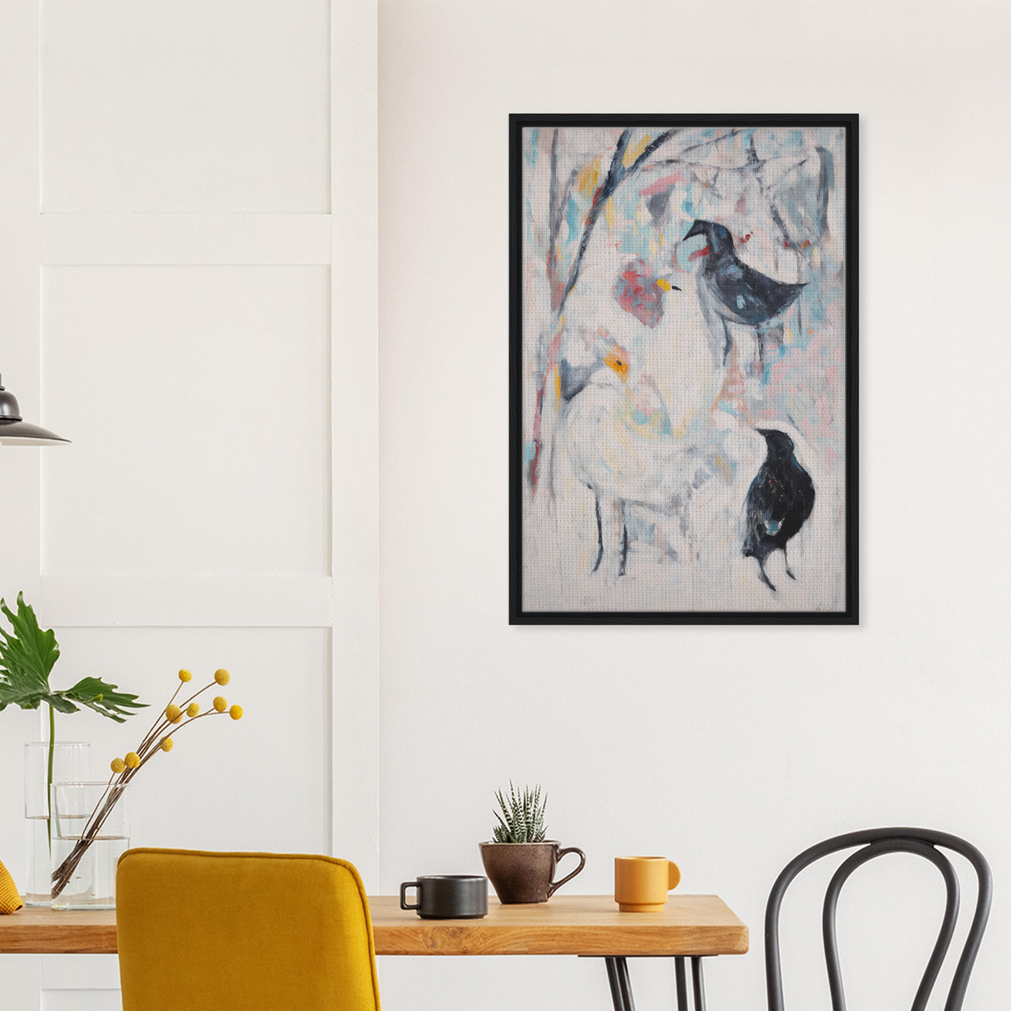 Framed abstract painting with birds and florals, ideal for Dreamflight Abstractions room decor