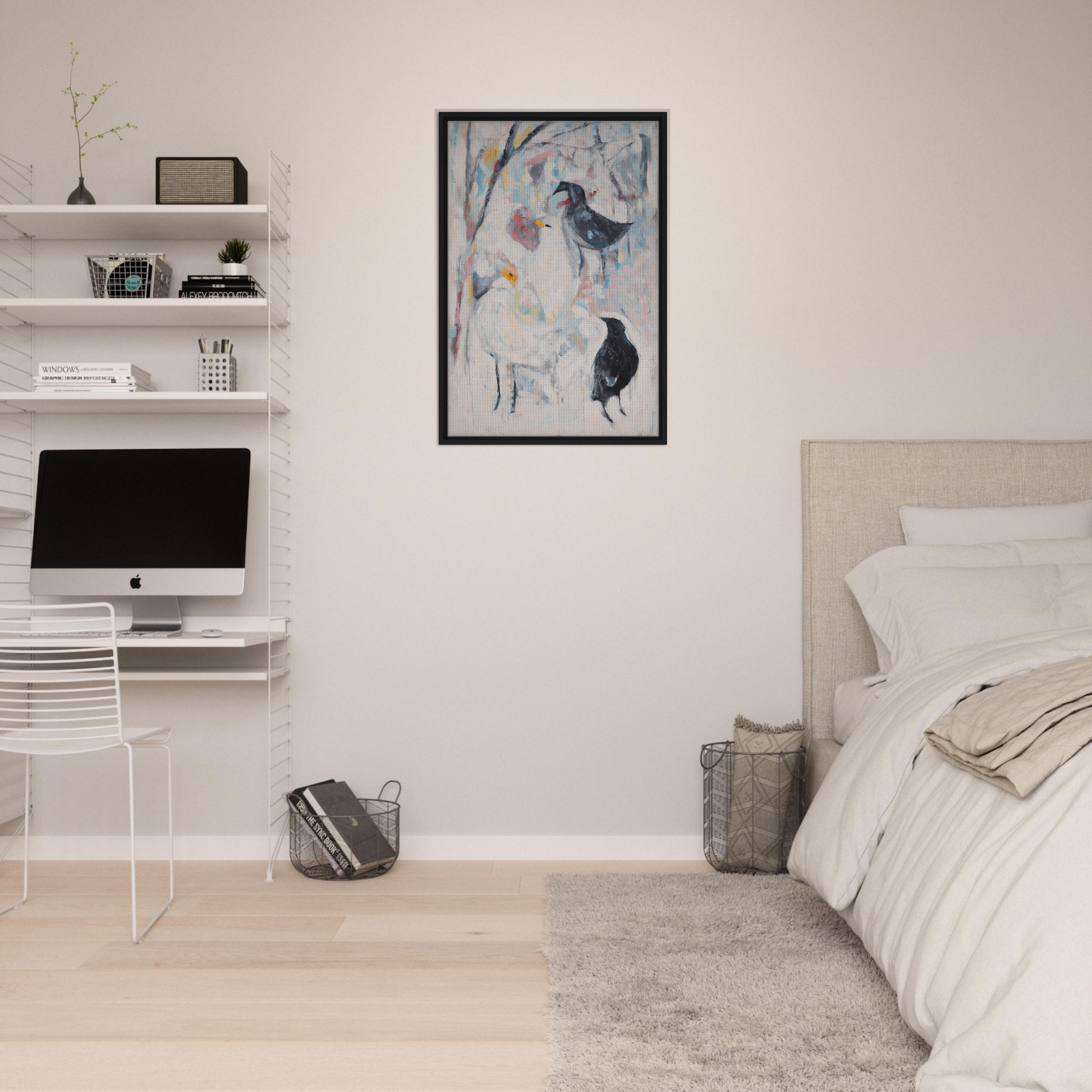 Minimalist bedroom showcasing Dreamflight Abstractions framed canvas print on floating shelves