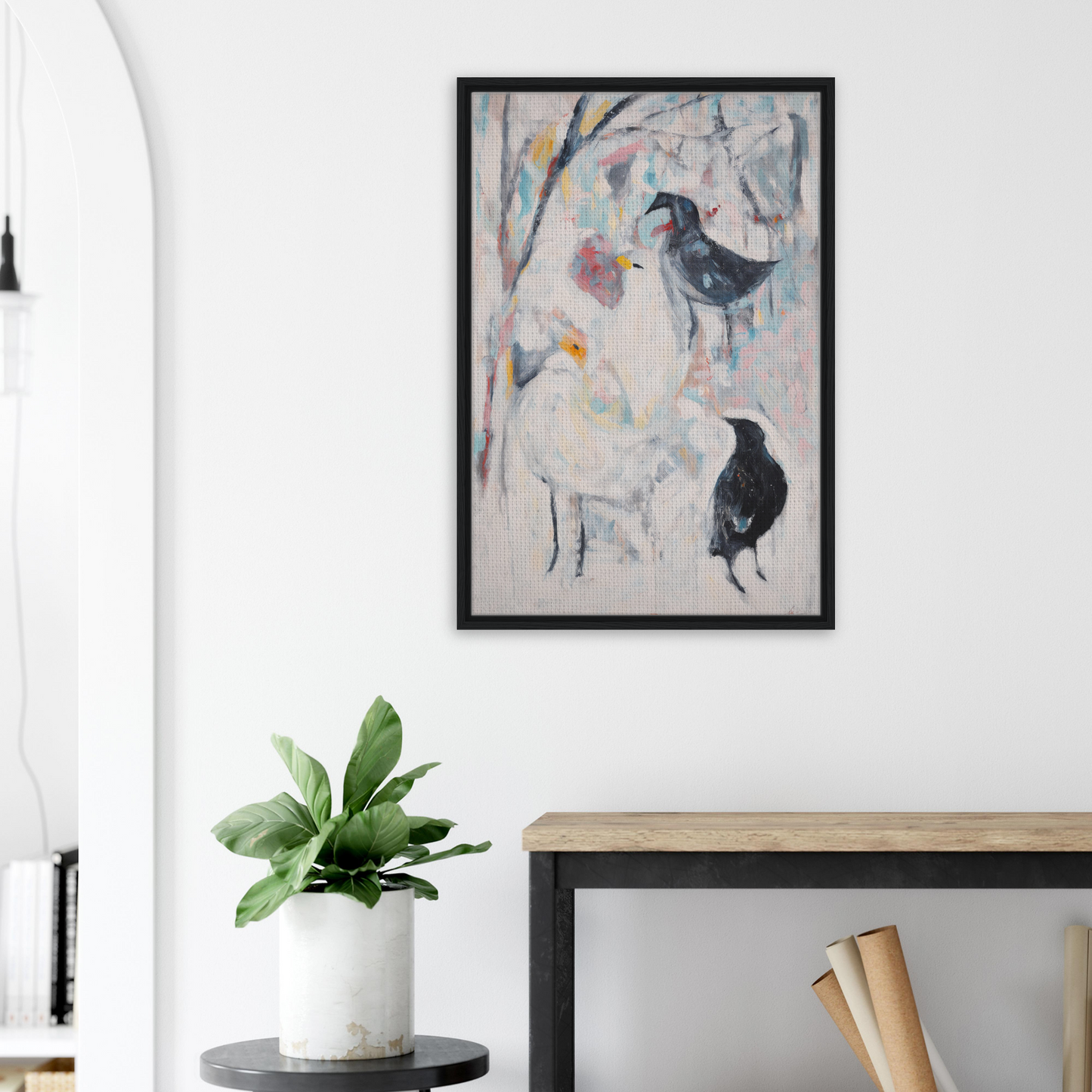 Framed abstract painting with birds and floral elements in muted colors for Dreamflight Abstractions