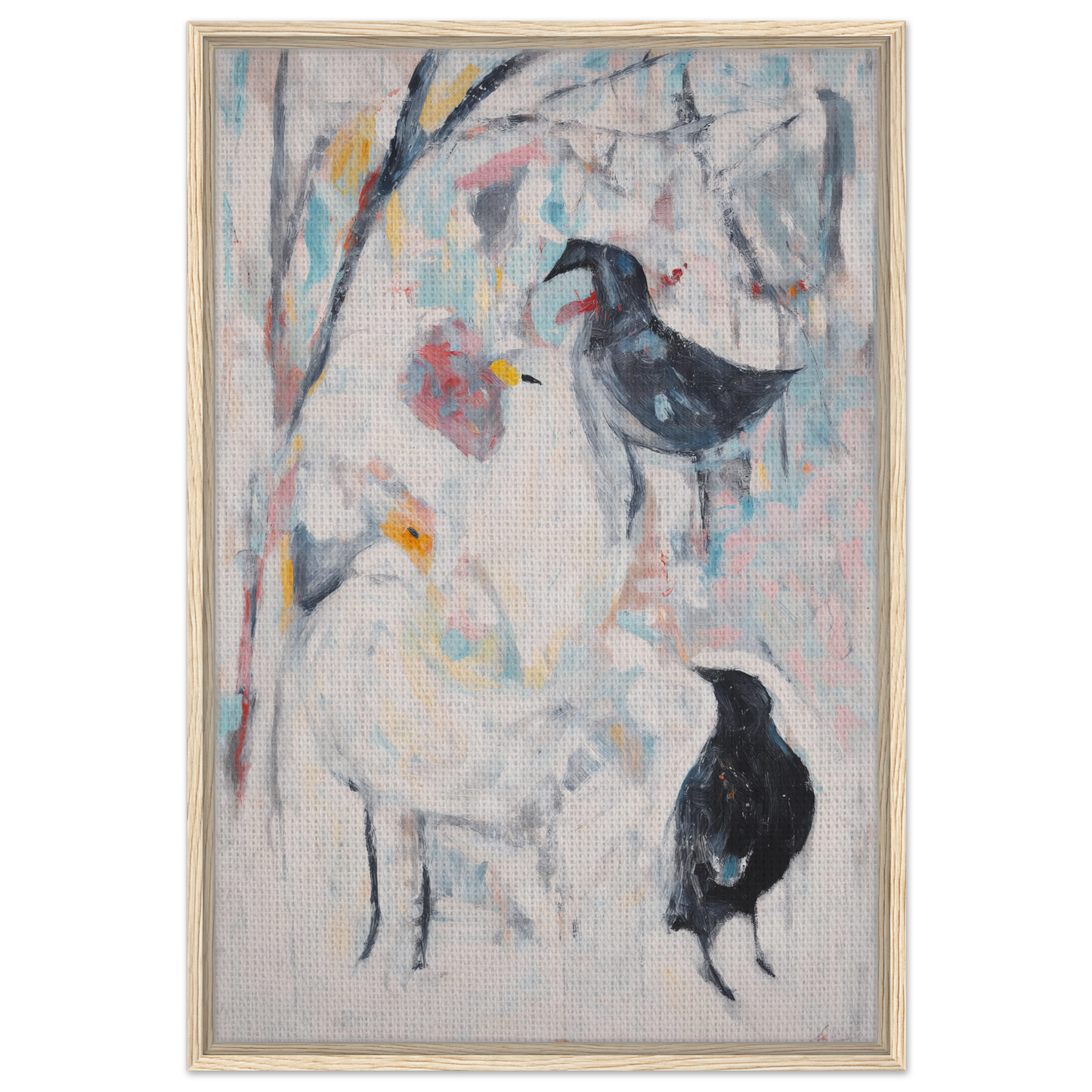 Abstract painting of two black birds among colorful brushstrokes in Dreamflight Abstractions