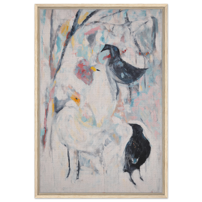 Abstract painting of two black birds among colorful brushstrokes in Dreamflight Abstractions