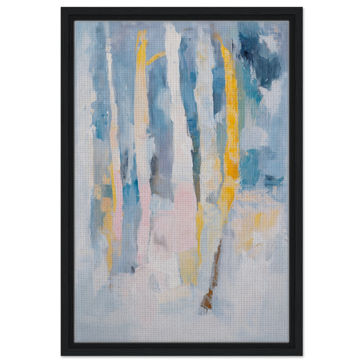 Abstract painting with vertical brushstrokes in blue, yellow, and white for Dreaming Blue Mantra