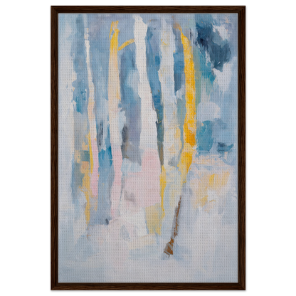 Abstract painting with vertical brushstrokes in blue, yellow, and white for Dreaming Blue Mantra