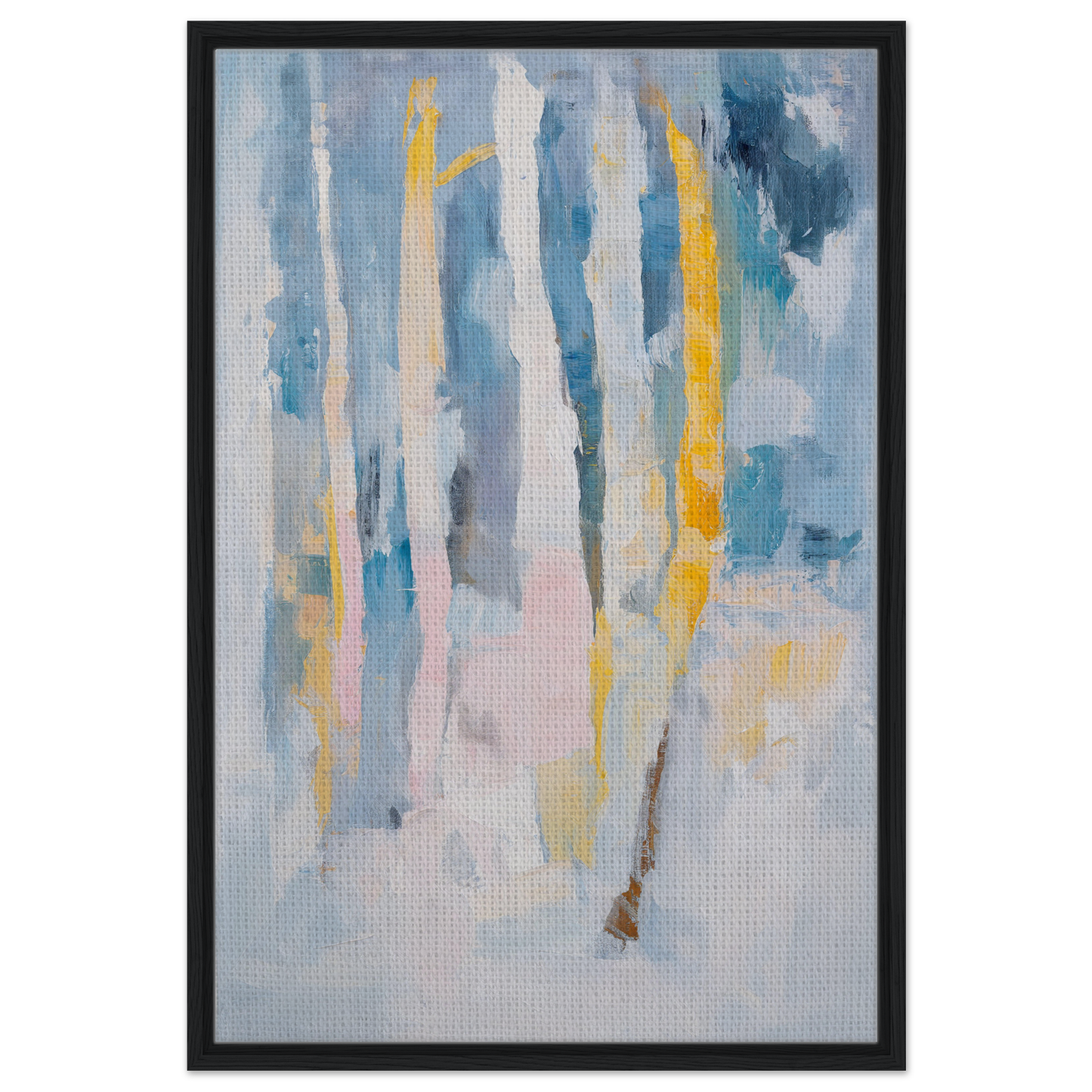 Abstract painting with vertical brushstrokes in blue, yellow, gray for Dreaming Blue Mantra room decor