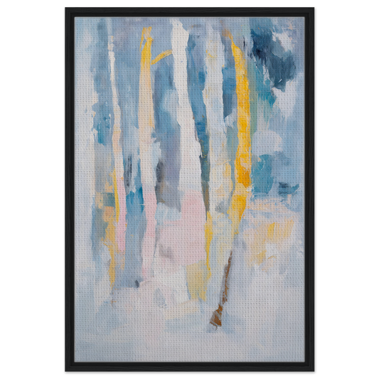 Abstract painting with vertical brushstrokes in blue, yellow, gray for Dreaming Blue Mantra room decor