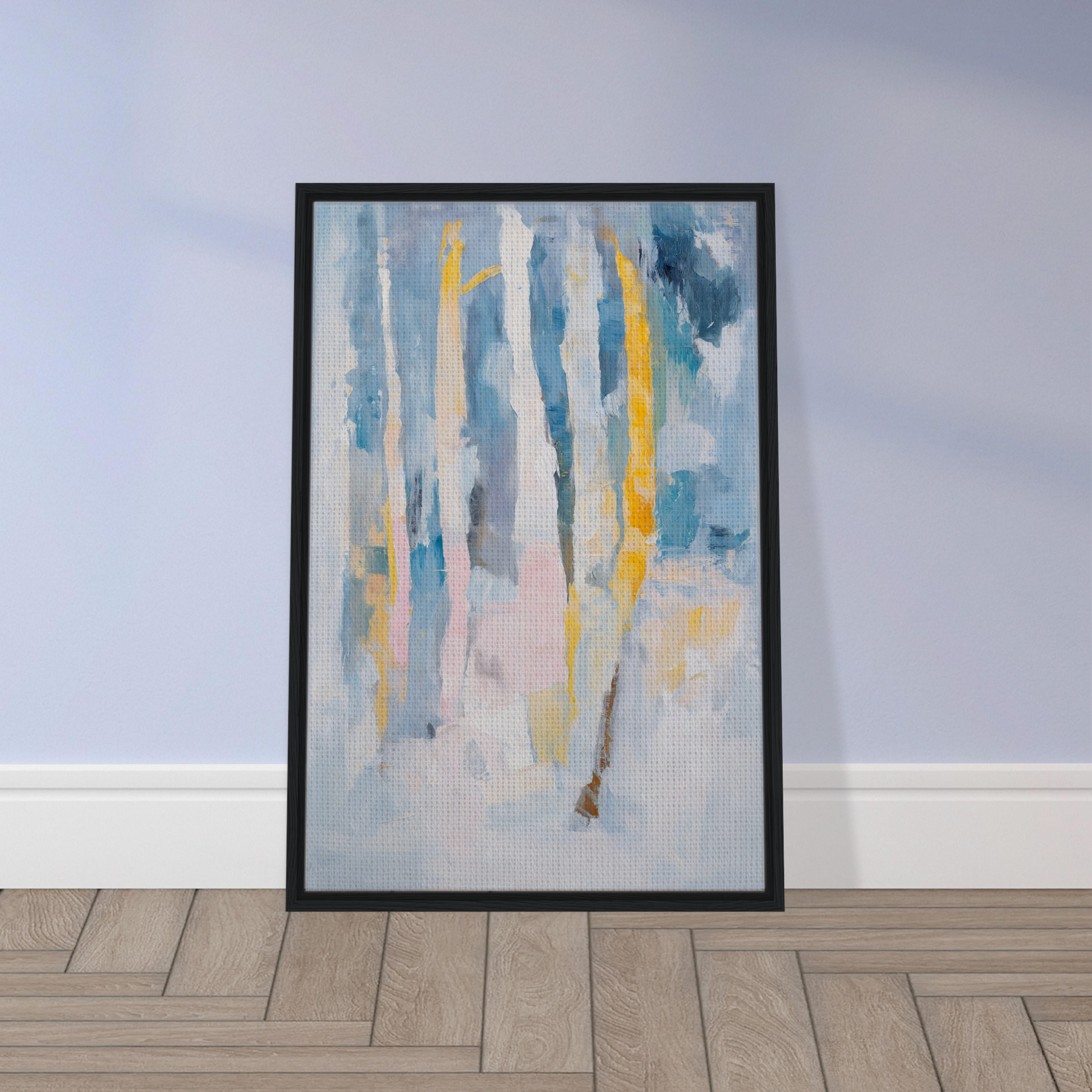 Framed canvas print of Dreaming Blue Mantra featuring vertical streaks in blue, yellow, gray