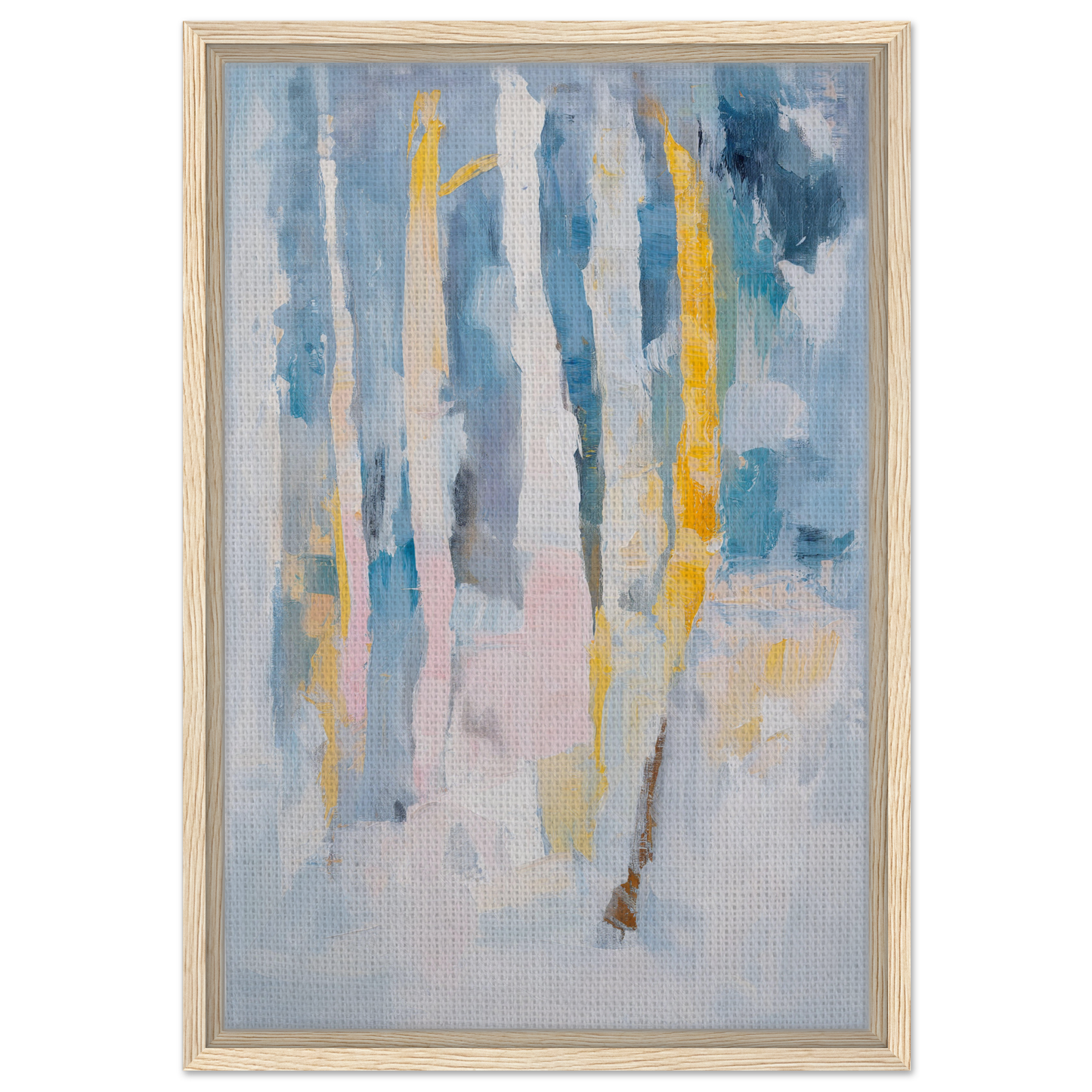 Abstract painting of vertical blue, yellow, and white streaks for Dreaming Blue Mantra room decor