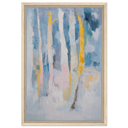 Abstract painting of vertical blue, yellow, and white streaks for Dreaming Blue Mantra room decor