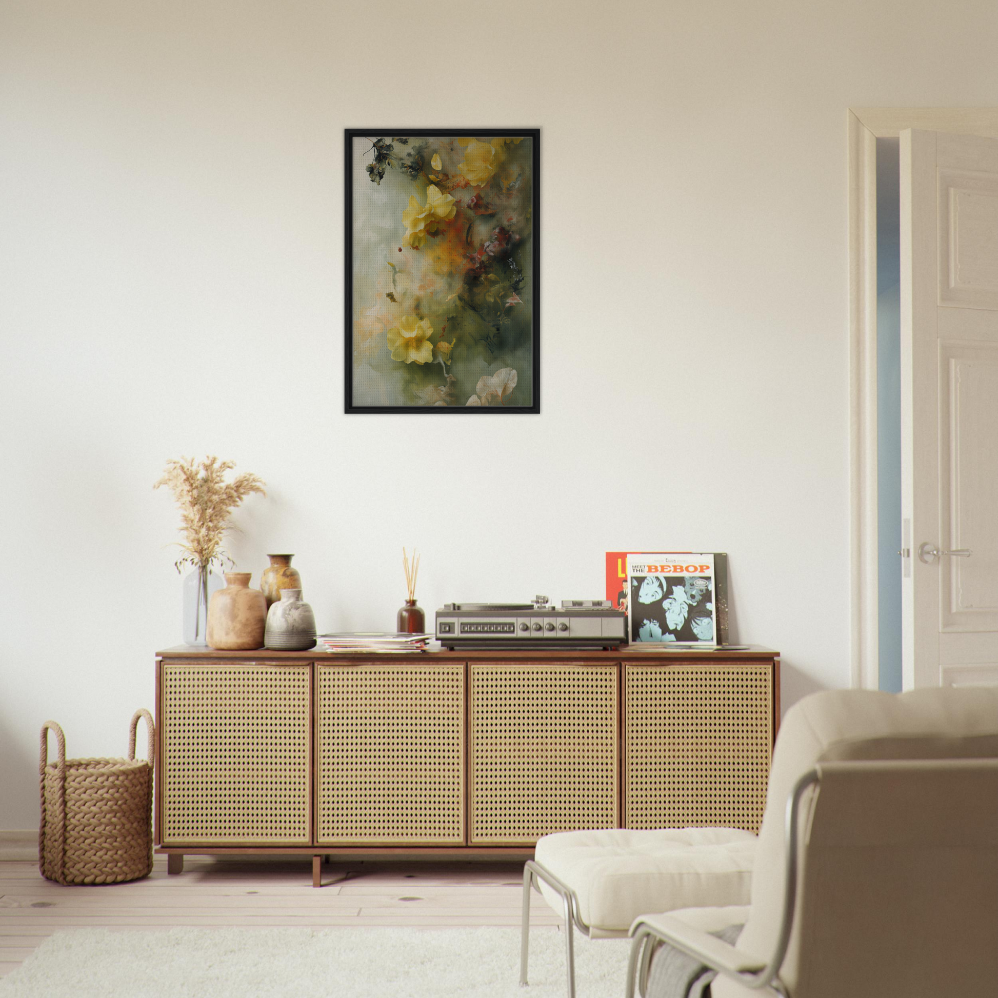 Wooden sideboard with cane-webbed doors featuring decorative items, Dreaming Nature Kinesis