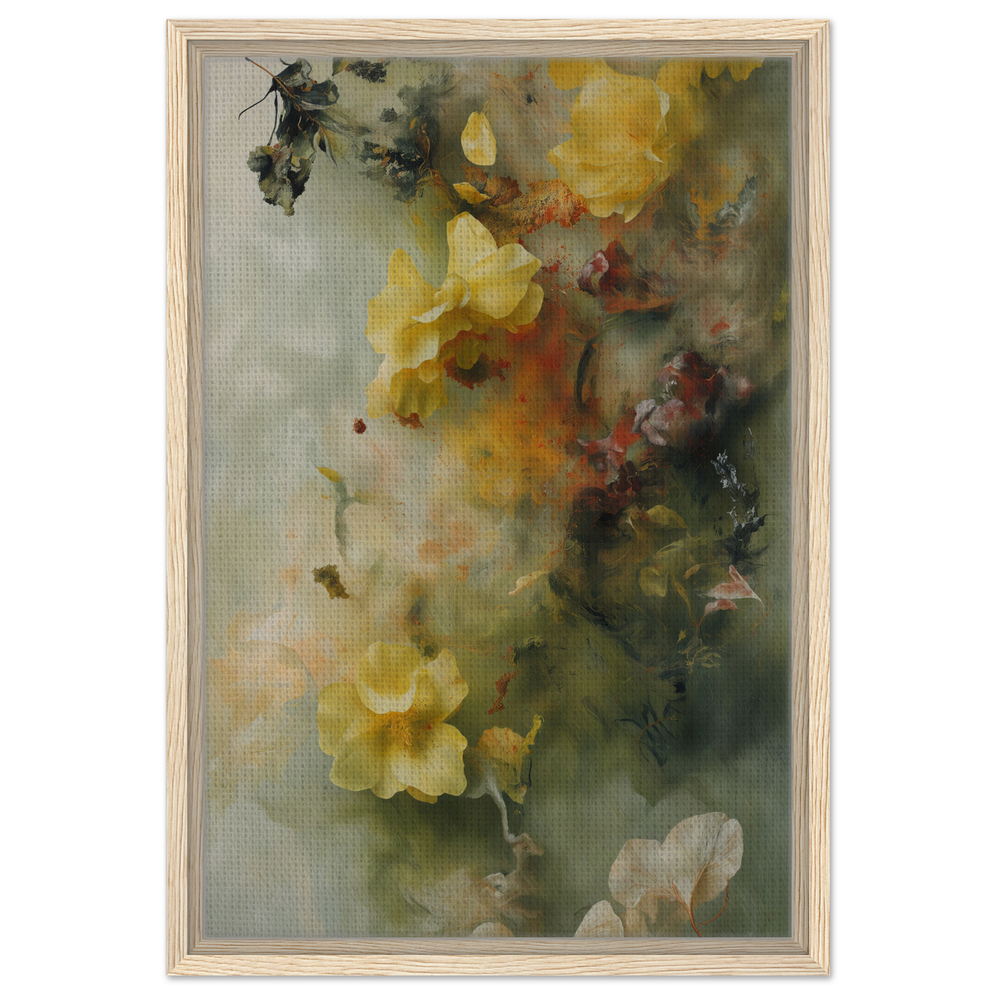 Abstract floral painting of soft yellow blooms and muted green foliage in Dreaming Nature Kinesis