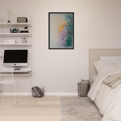 Minimalist bedroom featuring Dreamscape Tranquility decor with framed canvas print and floating desk
