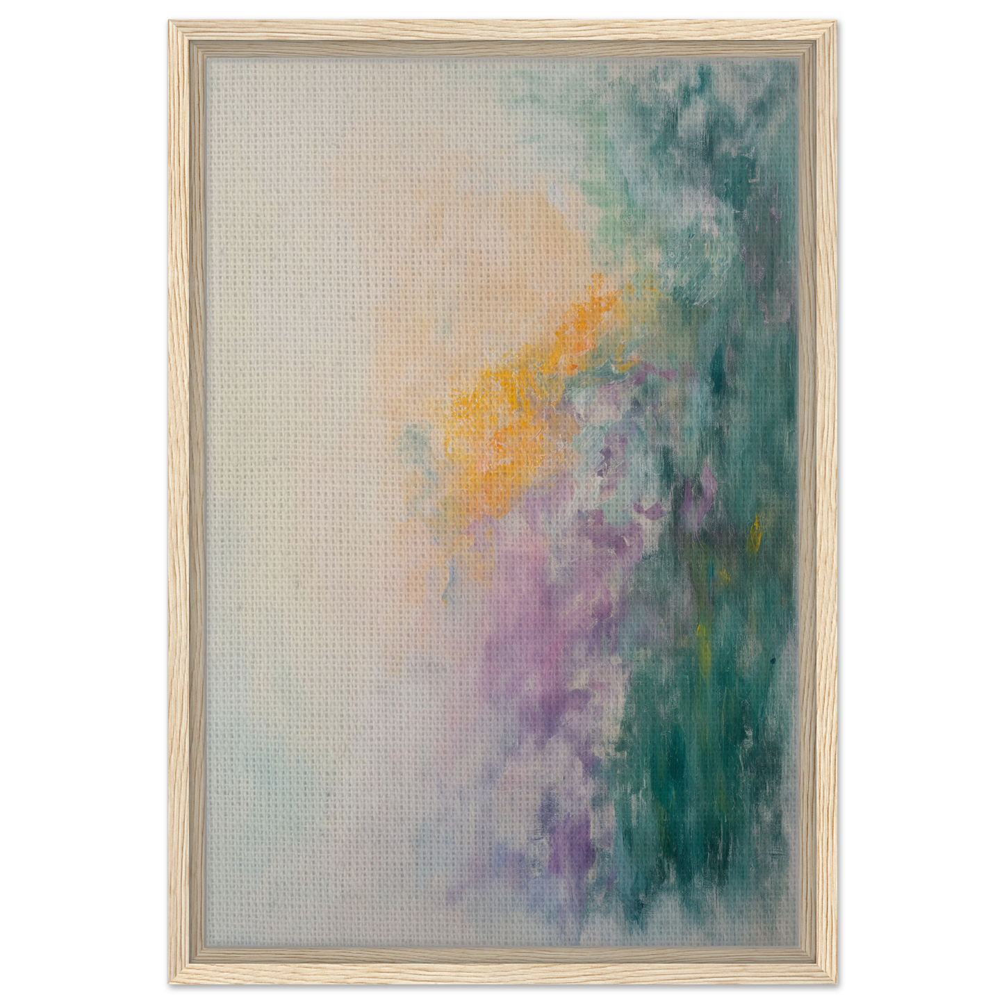 Abstract painting in soft green, purple, and yellow hues for Dreamscape Tranquility room decor