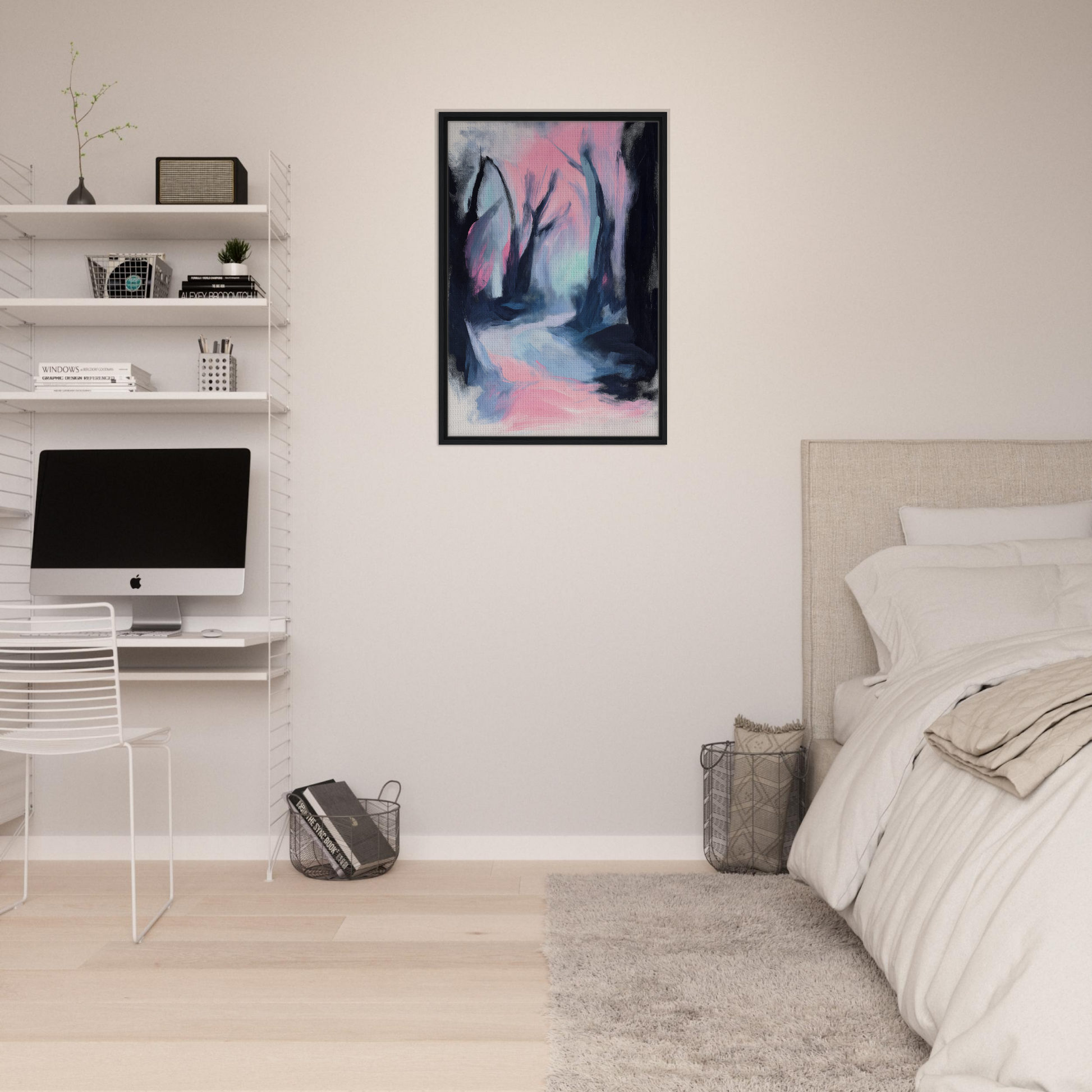 Framed abstract painting in pink and blue hues from Dreamscape Wanderlust Enchantment