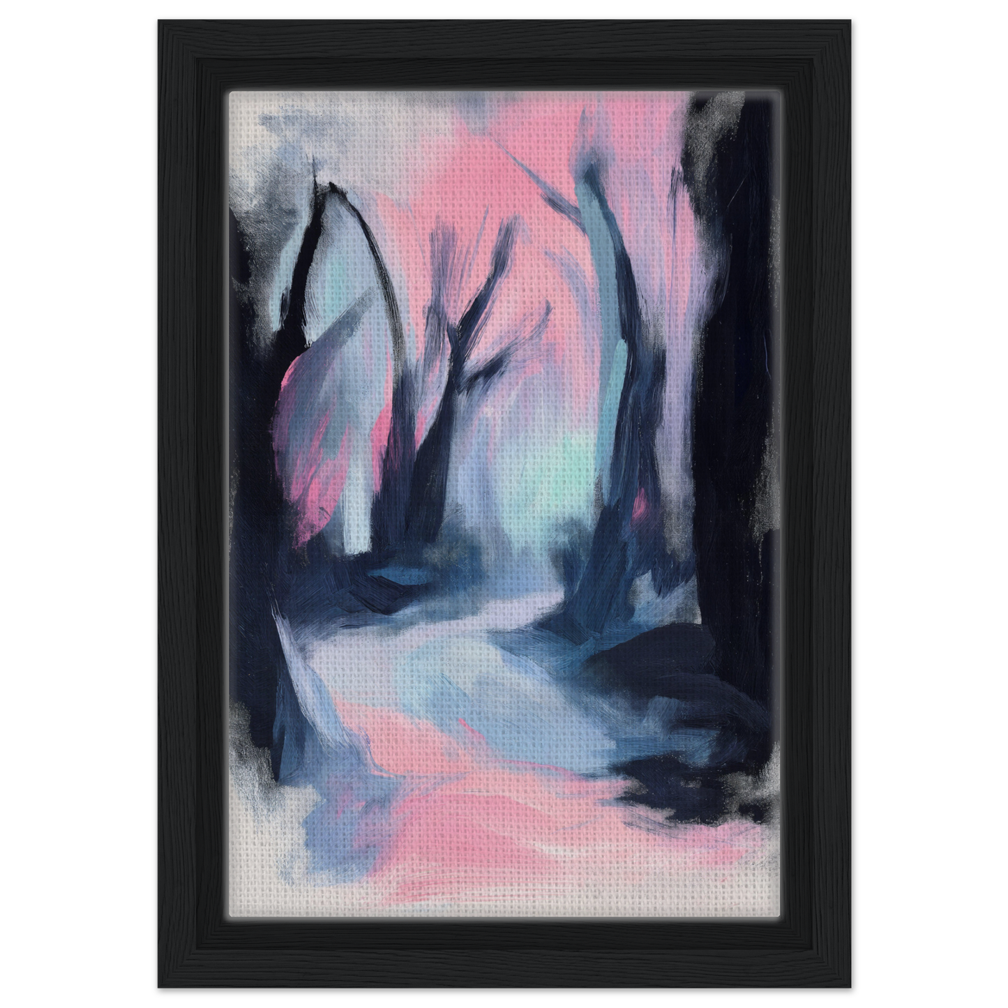 Abstract painting of a misty forest with dark trees and a pink sky for Dreamscape Wanderlust Enchantment