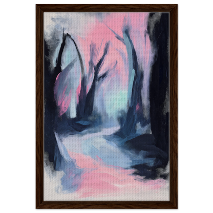 Abstract painting of a misty forest in pink and blue for Dreamscape Wanderlust Enchantment