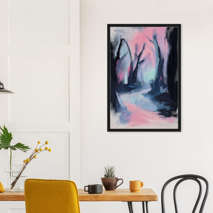 Framed abstract painting of a misty forest in pastel pink and blue for Dreamscape Wanderlust Enchantment