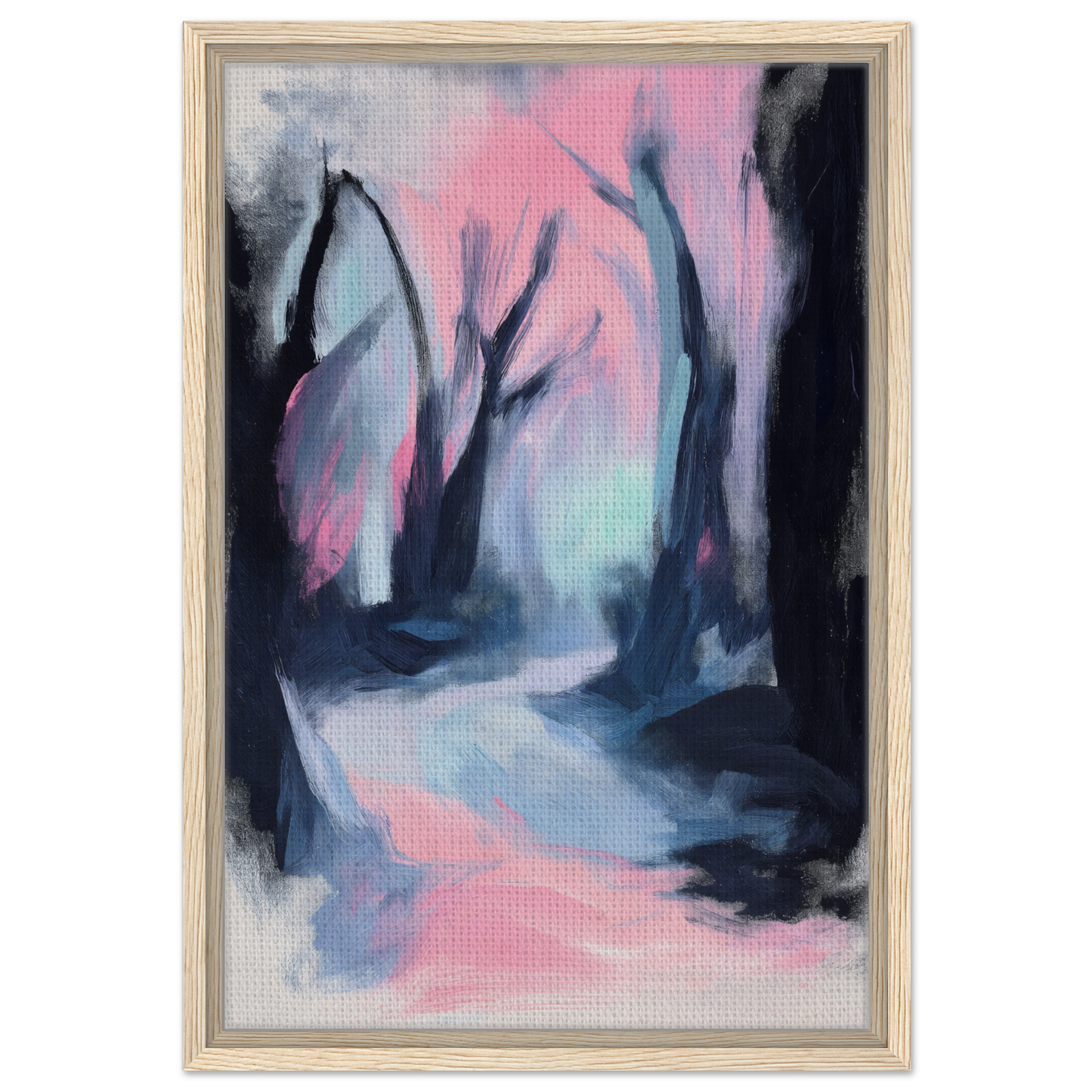 Abstract painting of a misty forest path in pink and blue for Dreamscape Wanderlust Enchantment