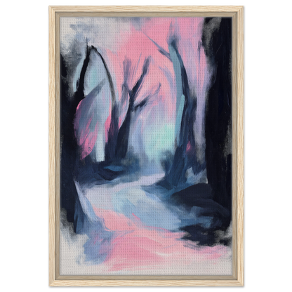 Abstract painting of a misty forest path in pink and blue for Dreamscape Wanderlust Enchantment